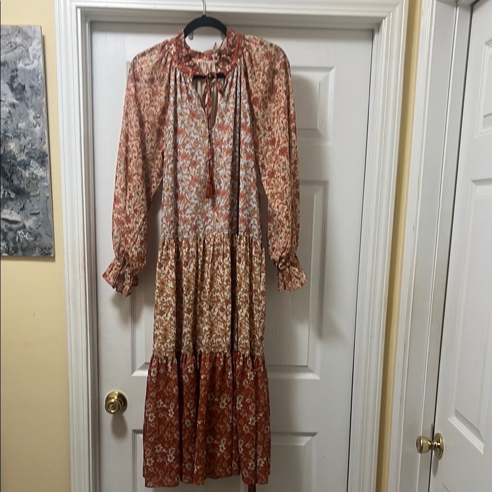 Brown Ruffled Tiered Sundress with Bishop Sleeves